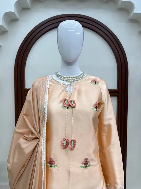 Peach_Satin_Silk_Floral_Embroidered_Kurta_Pant_Dupatta_Set_For_Women