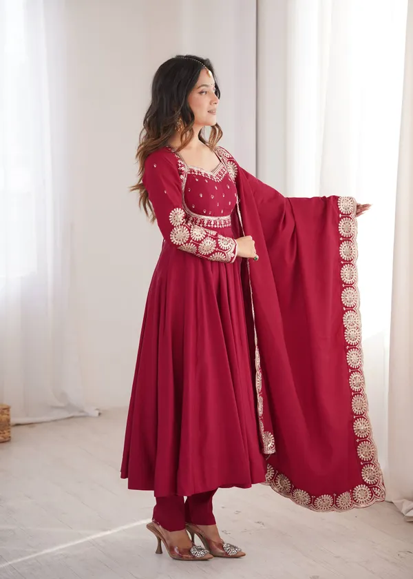 Maroon_Silk_Satin_Flared_Embroidered_Anarkali_Suit_Set_For_Women