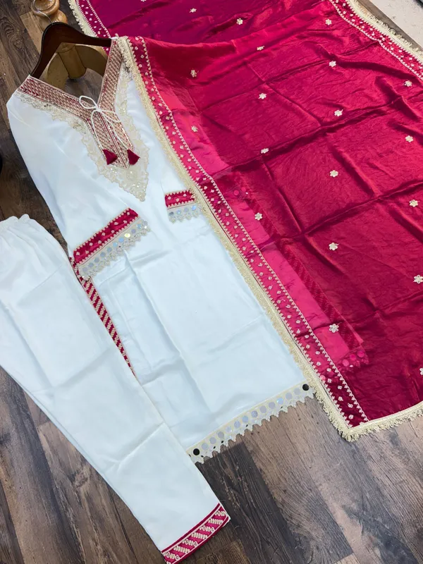 White_And_Pink_Silk_Satin_Straight_Embroidered_Kurta_Set_For_Women
