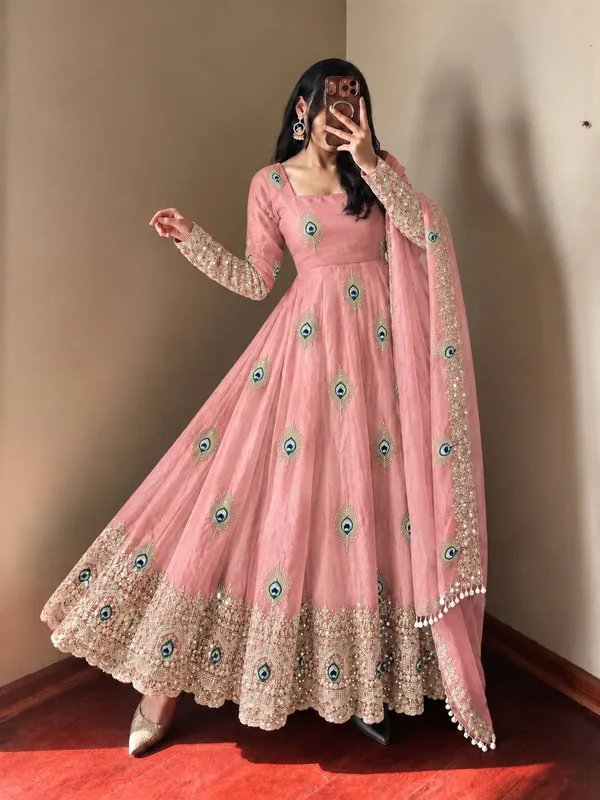 Peach_Satin_Silk_Flared_Embroidered_Anarkali_Suit_Set_For_Women