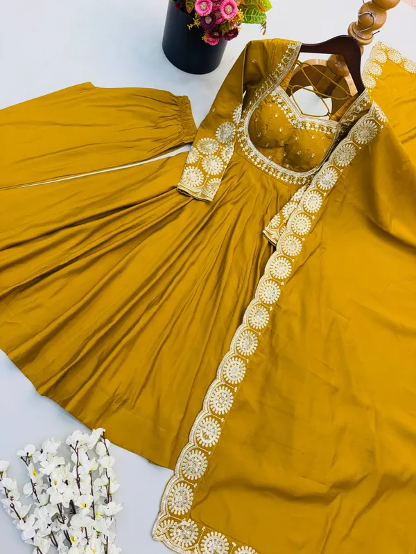 Mustard_Silk_Satin_Embroidered_Flared_Anarkali_Suit_Set_For_Women
