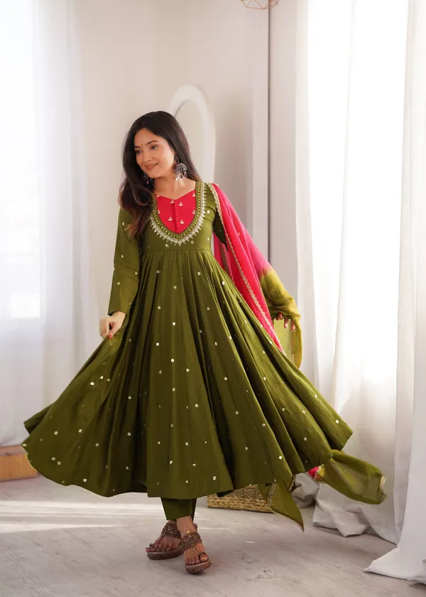 Olive_Green_Silk_Satin_Embellished_Flared_Anarkali_Suit_Set_For_Women