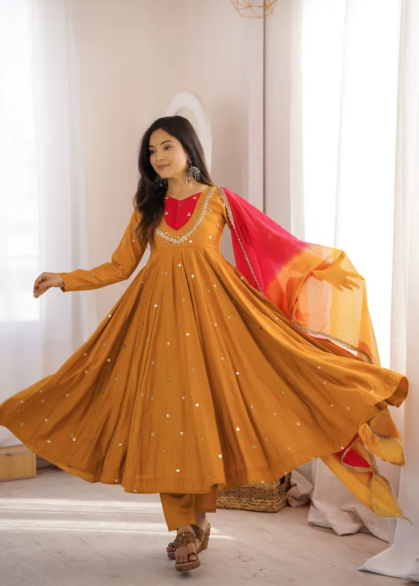 Mustard_Silk_Satin_Flared_Embellished_Anarkali_Suit_Set_For_Women