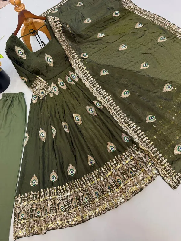 Olive_Green_Satin_Silk_Flared_Anarkali_Suit_Set_For_Women