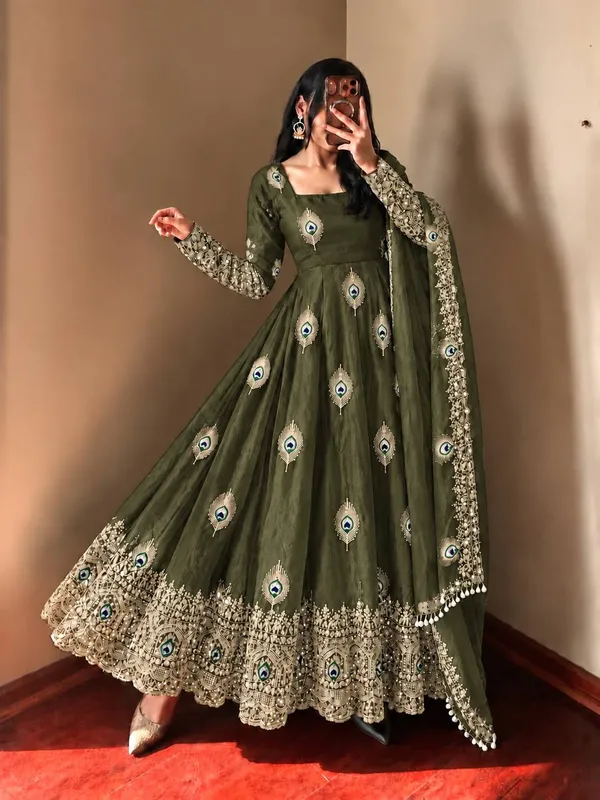 Olive_Green_Satin_Silk_Flared_Anarkali_Suit_Set_For_Women