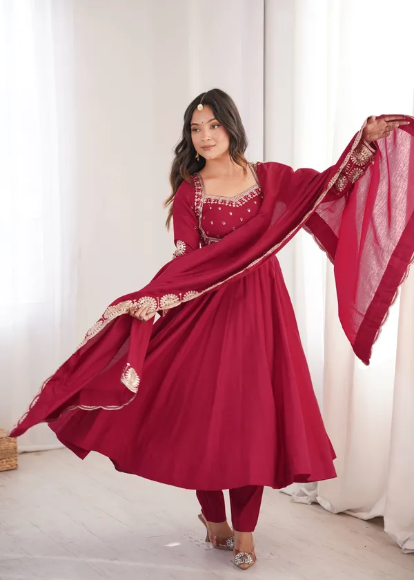 Maroon_Silk_Satin_Flared_Embroidered_Anarkali_Suit_Set_For_Women