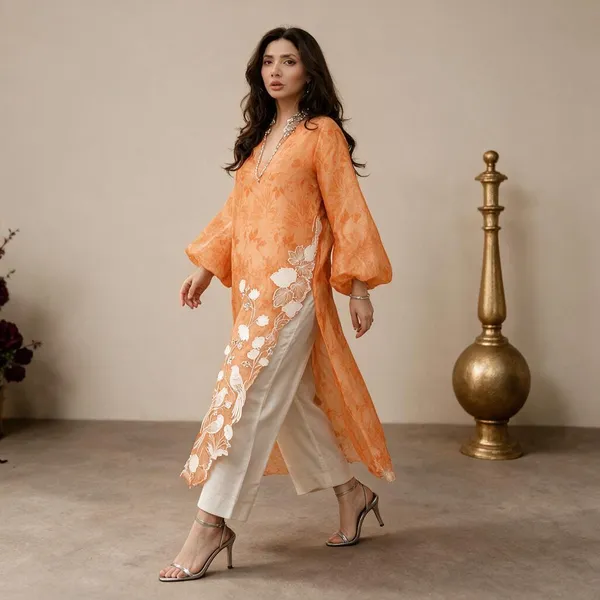 Orange_Organza_Flared_Floral_Print_Kurta_Set_For_Women