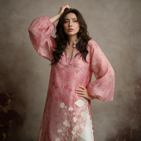 Pink_And_Off_White_Organza_Flared_Floral_Print_Kurta_Set_For_Women