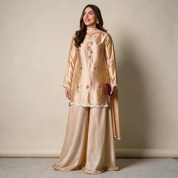 Peach_Satin_Silk_Floral_Embroidered_Kurta_Pant_Dupatta_Set_For_Women