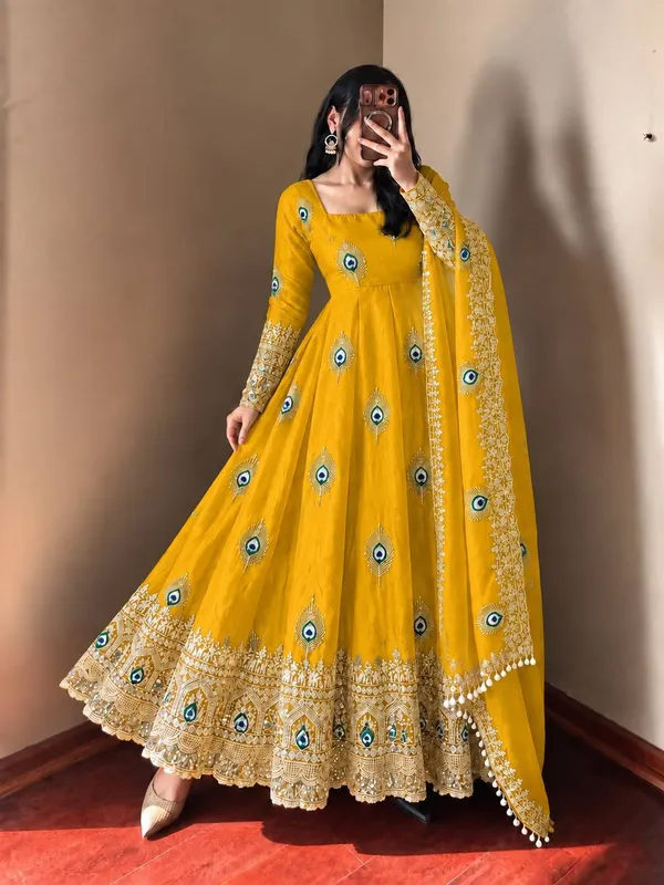 Yellow_Satin_Silk_Flared_Embroidered_Anarkali_Suit_Set_For_Women
