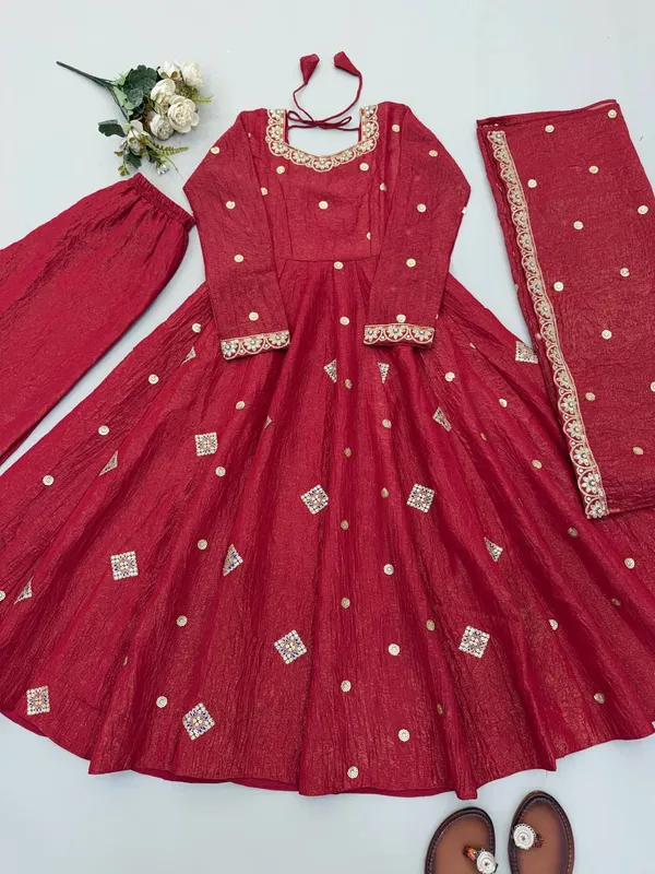 Red_Silk_Satin_Flared_Embellished_Anarkali_Suit_Set_For_Women