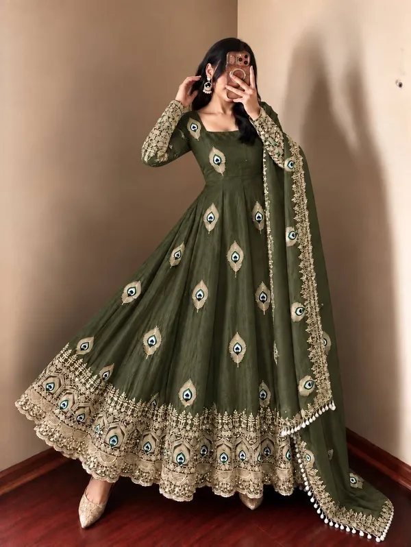 Olive_Green_Satin_Silk_Flared_Anarkali_Suit_Set_For_Women