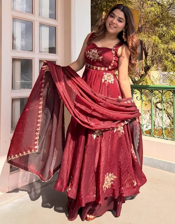 Maroon_Satin_Silk_Flared_Floral_Anarkali_Suit_Set_For_Women