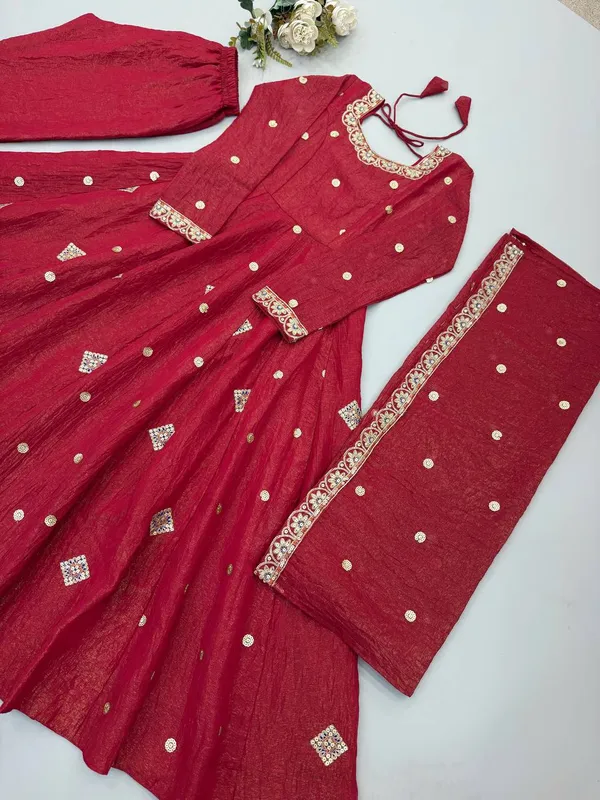 Red_Silk_Satin_Flared_Embellished_Anarkali_Suit_Set_For_Women
