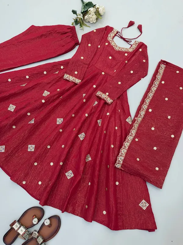 Red_Silk_Satin_Flared_Embellished_Anarkali_Suit_Set_For_Women