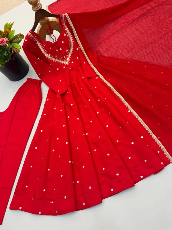 Red_Silk_Satin_Flared_Embellished_Anarkali_Suit_Set_For_Women