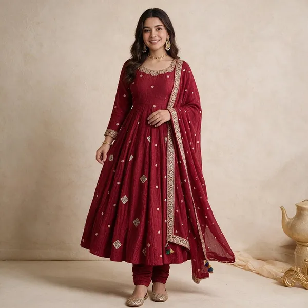 Red_Silk_Satin_Flared_Embellished_Anarkali_Suit_Set_For_Women