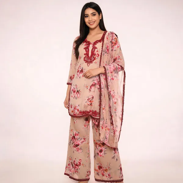 Peach_And_Maroon_Georgette_Floral_Print_Straight_Kurta_Pant_Dupatta_Set_For_Women