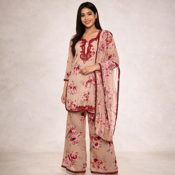 Peach_And_Maroon_Georgette_Floral_Print_Straight_Kurta_Pant_Dupatta_Set_For_Women