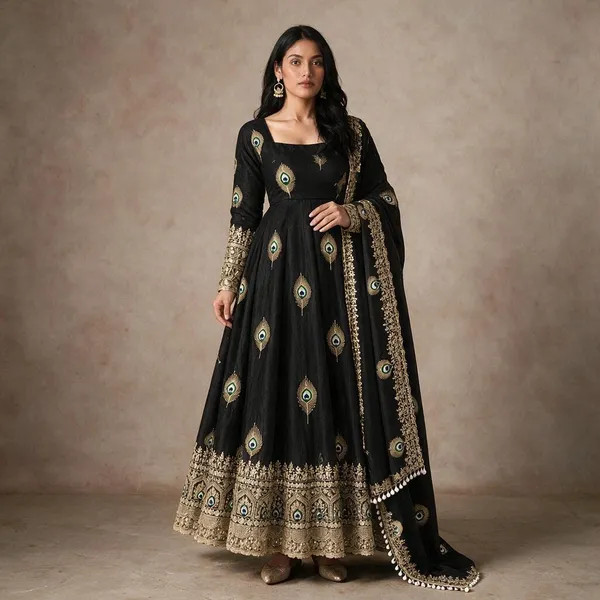 Black_Satin_Silk_Flared_Embroidered_Anarkali_Suit_Set_For_Women