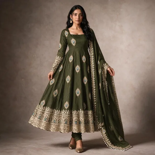 Olive_Green_Satin_Silk_Flared_Anarkali_Suit_Set_For_Women