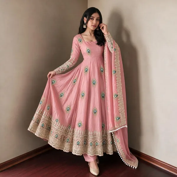 Peach_Satin_Silk_Flared_Embroidered_Anarkali_Suit_Set_For_Women