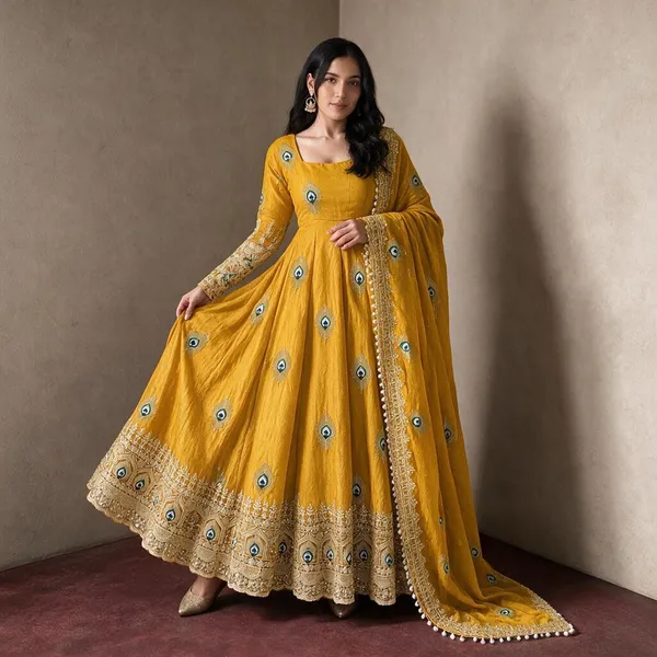 Yellow_Satin_Silk_Flared_Embroidered_Anarkali_Suit_Set_For_Women