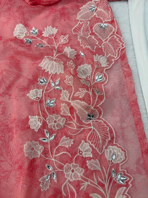 Pink_And_Off_White_Organza_Flared_Floral_Print_Kurta_Set_For_Women