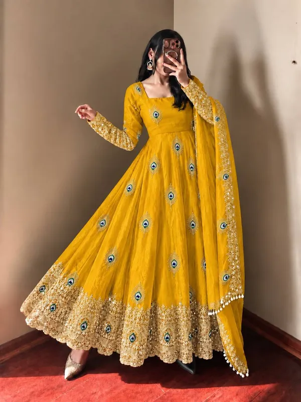 Yellow_Satin_Silk_Flared_Embroidered_Anarkali_Suit_Set_For_Women
