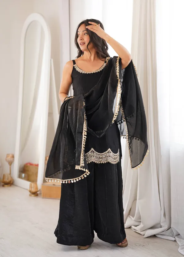 Black_Satin_Silk_Embellished_Kurta_Palazzo_Dupatta_Set_For_Women