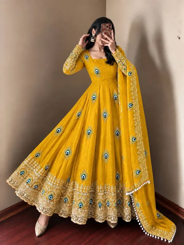 Yellow_Satin_Silk_Flared_Embroidered_Anarkali_Suit_Set_For_Women