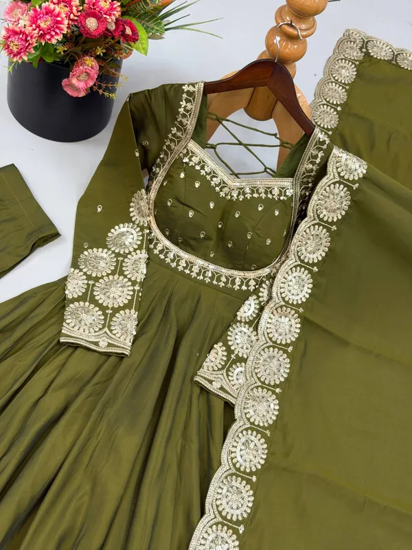 Olive_Green_Silk_Satin_Embroidered_Flared_Anarkali_Suit_Set_For_Women