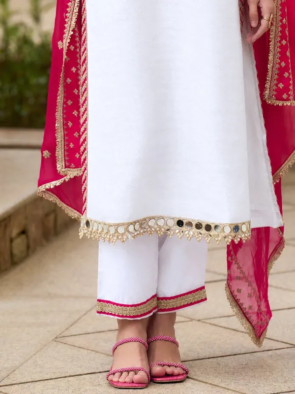 White_And_Pink_Silk_Satin_Straight_Embroidered_Kurta_Set_For_Women