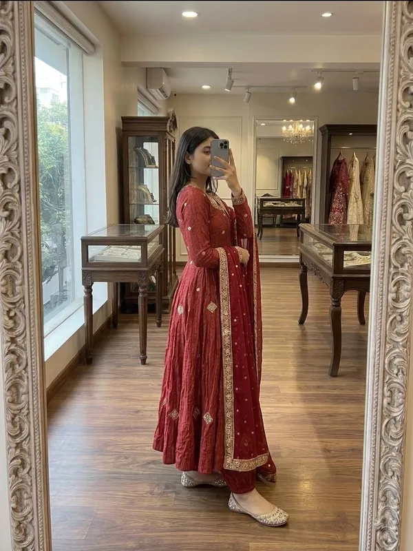 Red_Silk_Satin_Flared_Embellished_Anarkali_Suit_Set_For_Women