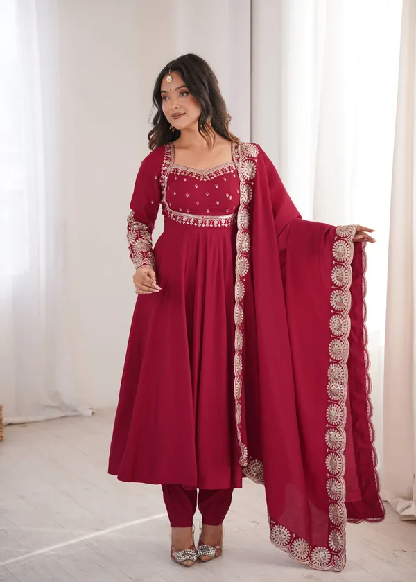 Maroon_Silk_Satin_Flared_Embroidered_Anarkali_Suit_Set_For_Women