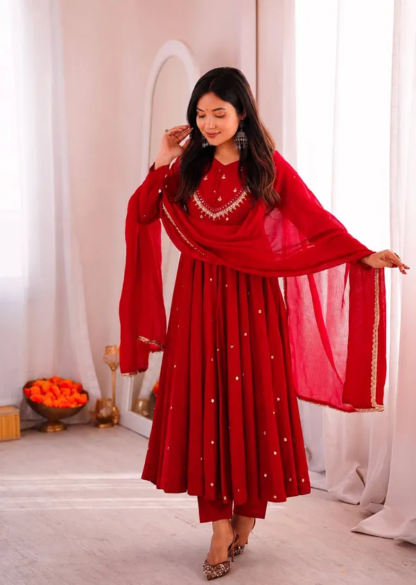 Red_Silk_Satin_Flared_Embellished_Anarkali_Suit_Set_For_Women
