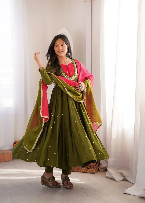 Olive_Green_Silk_Satin_Embellished_Flared_Anarkali_Suit_Set_For_Women
