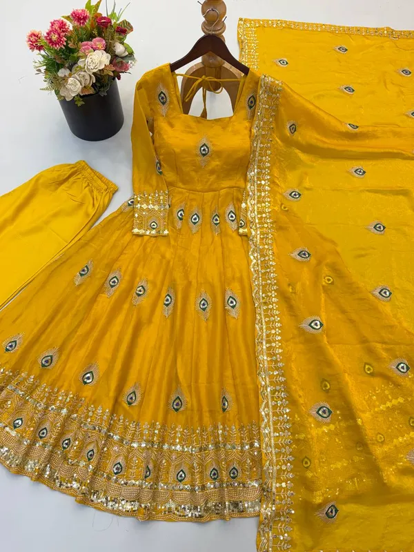 Yellow_Satin_Silk_Flared_Embroidered_Anarkali_Suit_Set_For_Women