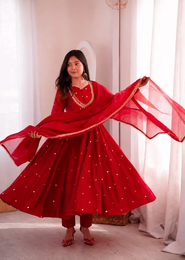 Red_Silk_Satin_Flared_Embellished_Anarkali_Suit_Set_For_Women