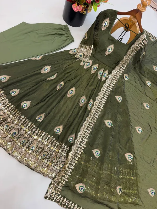 Olive_Green_Satin_Silk_Flared_Anarkali_Suit_Set_For_Women