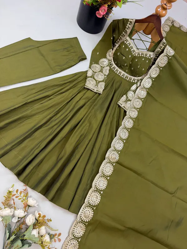 Olive_Green_Silk_Satin_Embroidered_Flared_Anarkali_Suit_Set_For_Women