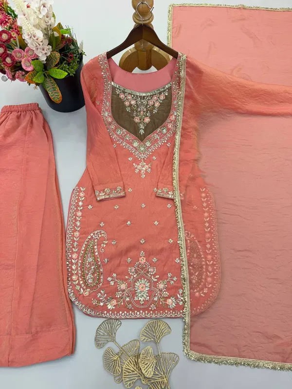 Peach_Satin_Silk_Straight_Embroidered_Suit_Set_For_Women