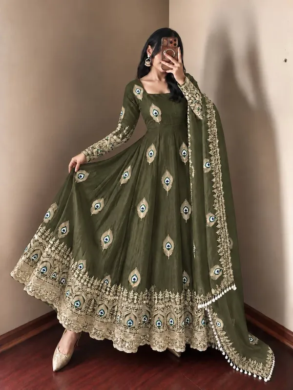 Olive_Green_Satin_Silk_Flared_Anarkali_Suit_Set_For_Women
