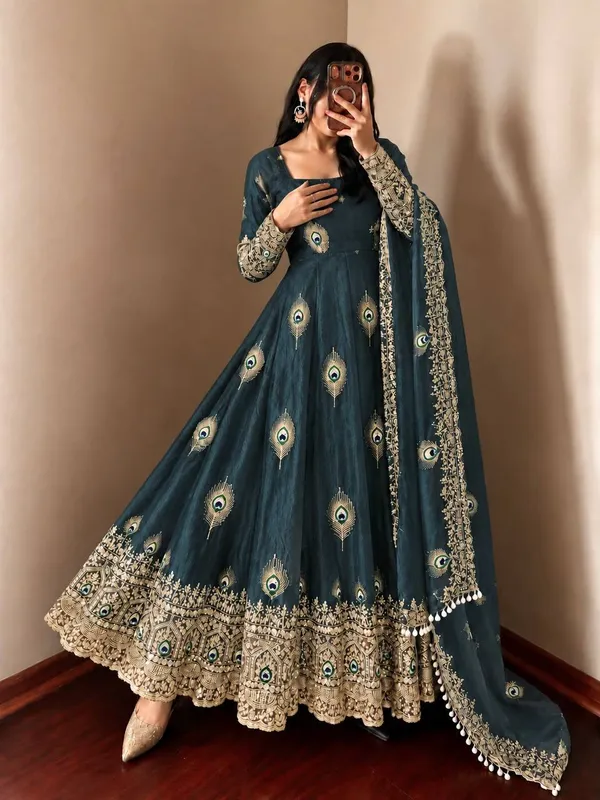 Peacock_Blue_Satin_Silk_Flared_Anarkali_Suit_Set_For_Women