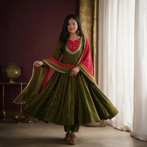 Olive_Green_Silk_Satin_Embellished_Flared_Anarkali_Suit_Set_For_Women
