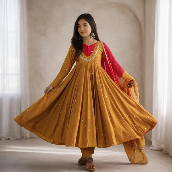 Mustard_Silk_Satin_Flared_Embellished_Anarkali_Suit_Set_For_Women