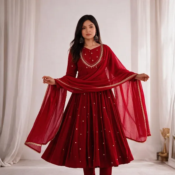 Red_Silk_Satin_Flared_Embellished_Anarkali_Suit_Set_For_Women