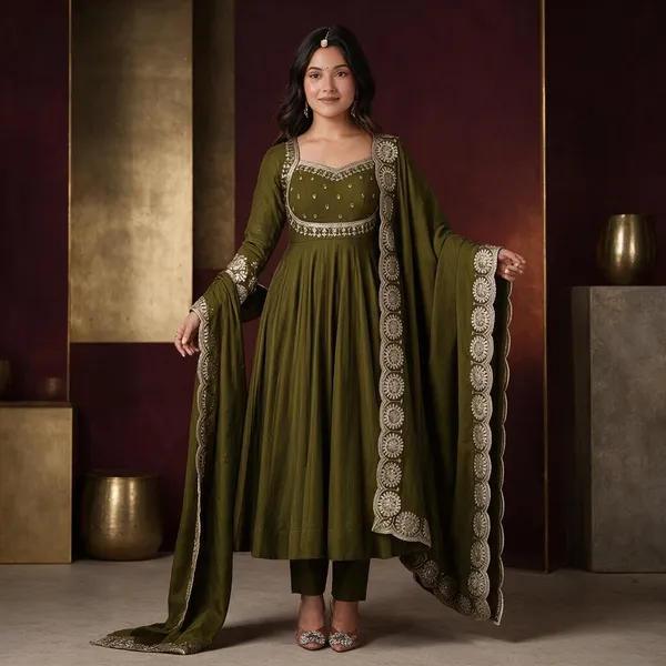 Olive_Green_Silk_Satin_Embroidered_Flared_Anarkali_Suit_Set_For_Women