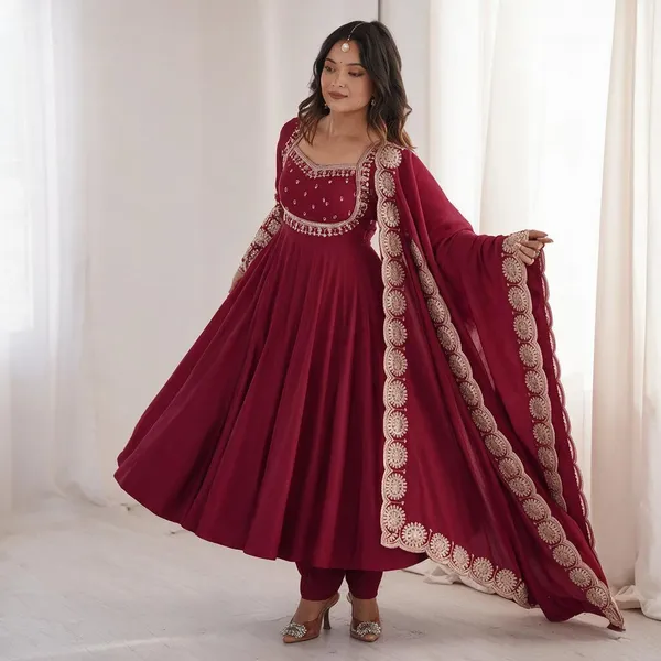 Maroon_Silk_Satin_Flared_Embroidered_Anarkali_Suit_Set_For_Women