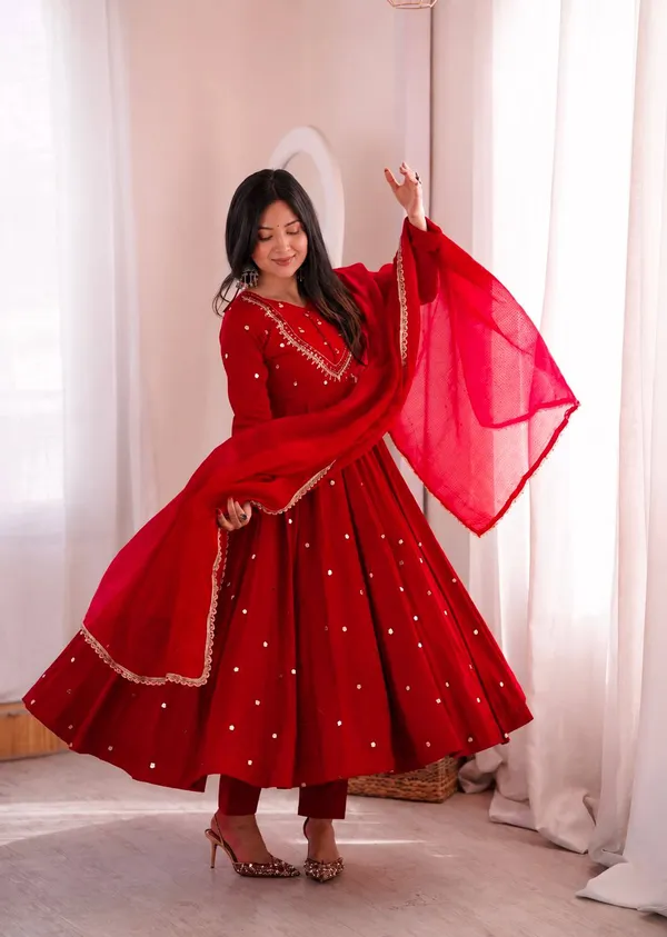 Red_Silk_Satin_Flared_Embellished_Anarkali_Suit_Set_For_Women